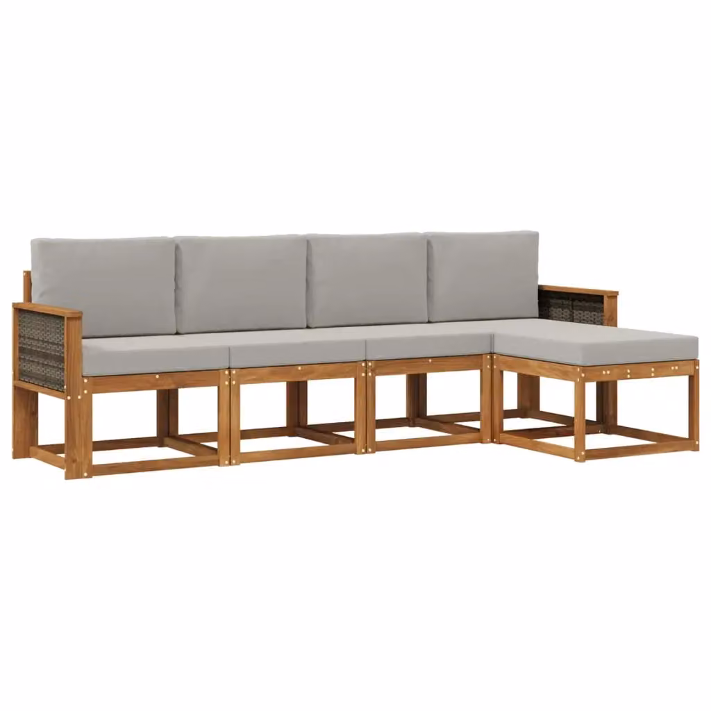 Set di divani da esterno a L con pouf vidaXL in legno di acacia, colore marrone e grigio chiaro – 2