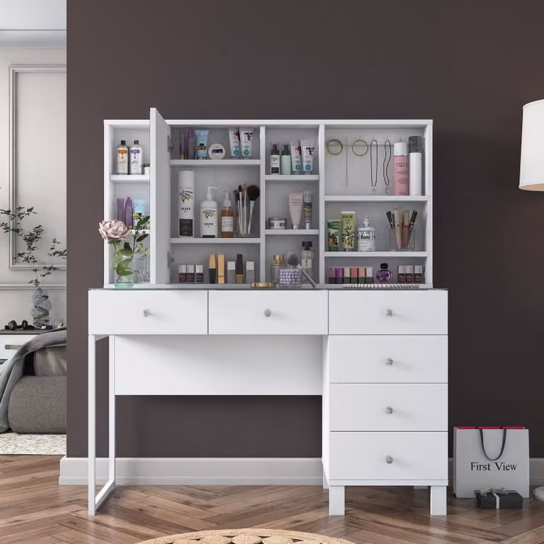 Skye Decor, Comò da trucco di alta qualità, bianco, 120 x 136,8 x 40 cm | Pannello di classe E1, rivestito in melamina al 100%, spessore 18 mm | Design moderno con numerosi ripiani e spazio di stoccaggio aggiuntivo, da montare a parete.
