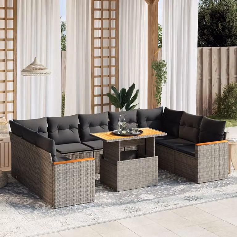 vidaXL Set Divano da Giardino a L 10 pz in Polyrattan Grigio con Cuscini e Tavolino