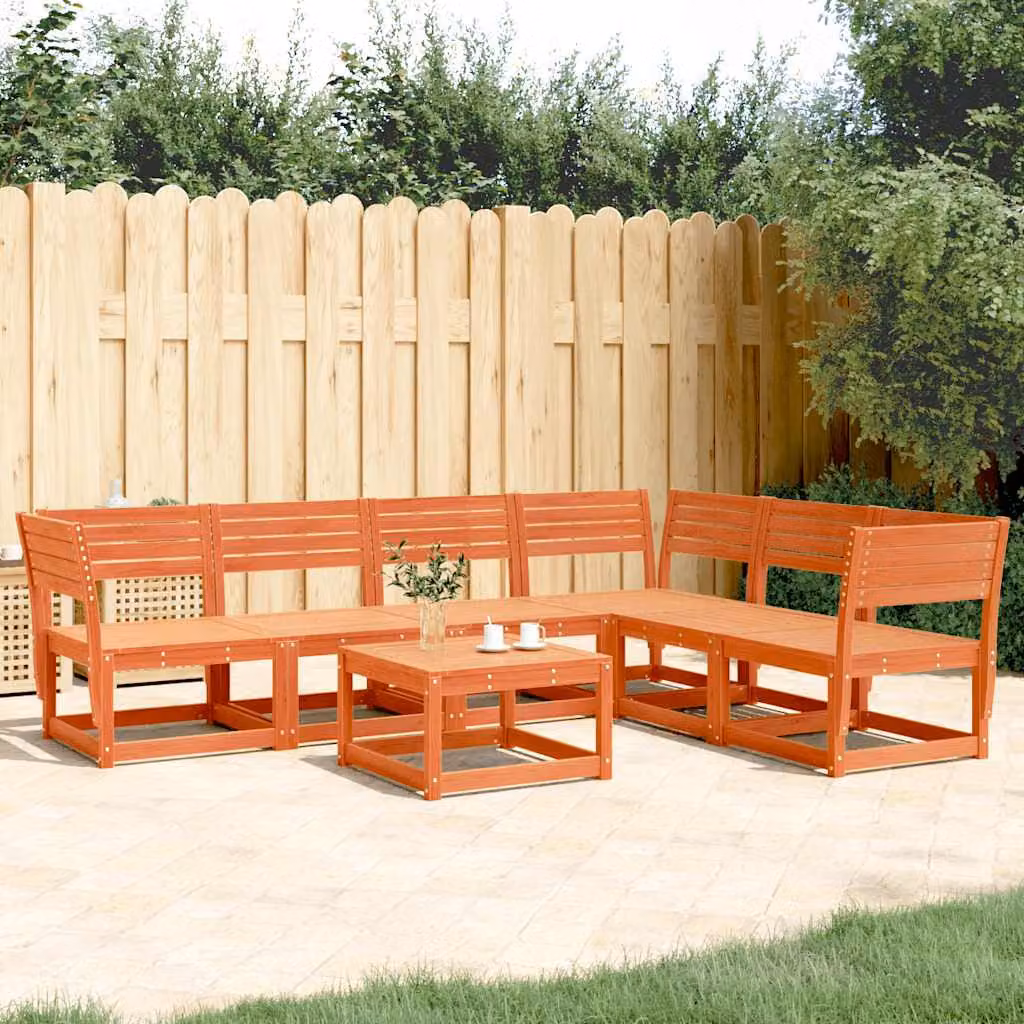 Set di divani da giardino vidaXL a forma di L in legno di pino massello trattato, 6 pezzi, marrone con cuscini inclusi