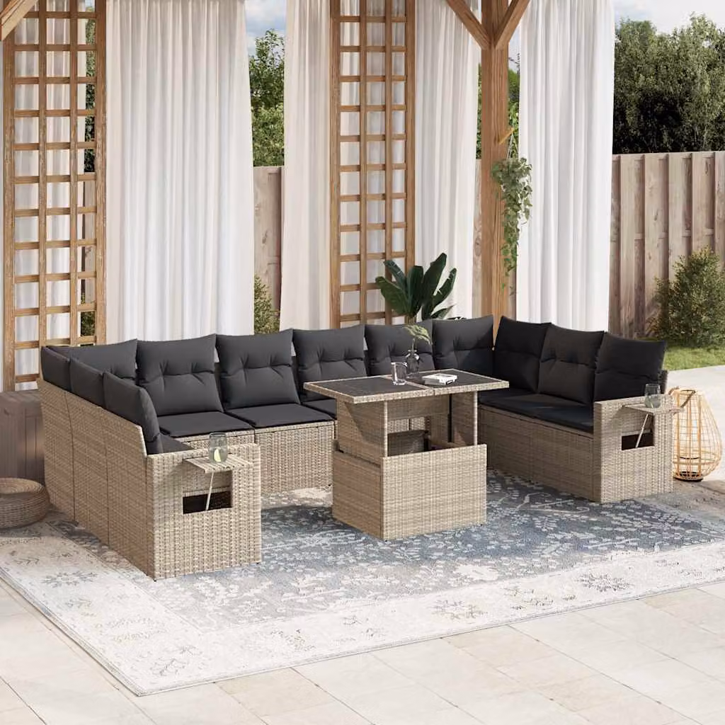 Set di Divani da Giardino vidaXL 11 pz in Polyrattan Grigio con Cuscini e Tavolino da Esterno – 1