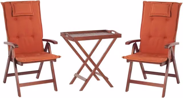 Set da bistrot da giardino in legno di acacia scuro con cuscini rossi tavolo da té 2 sedie pieghevoli resistenti ai raggi UV