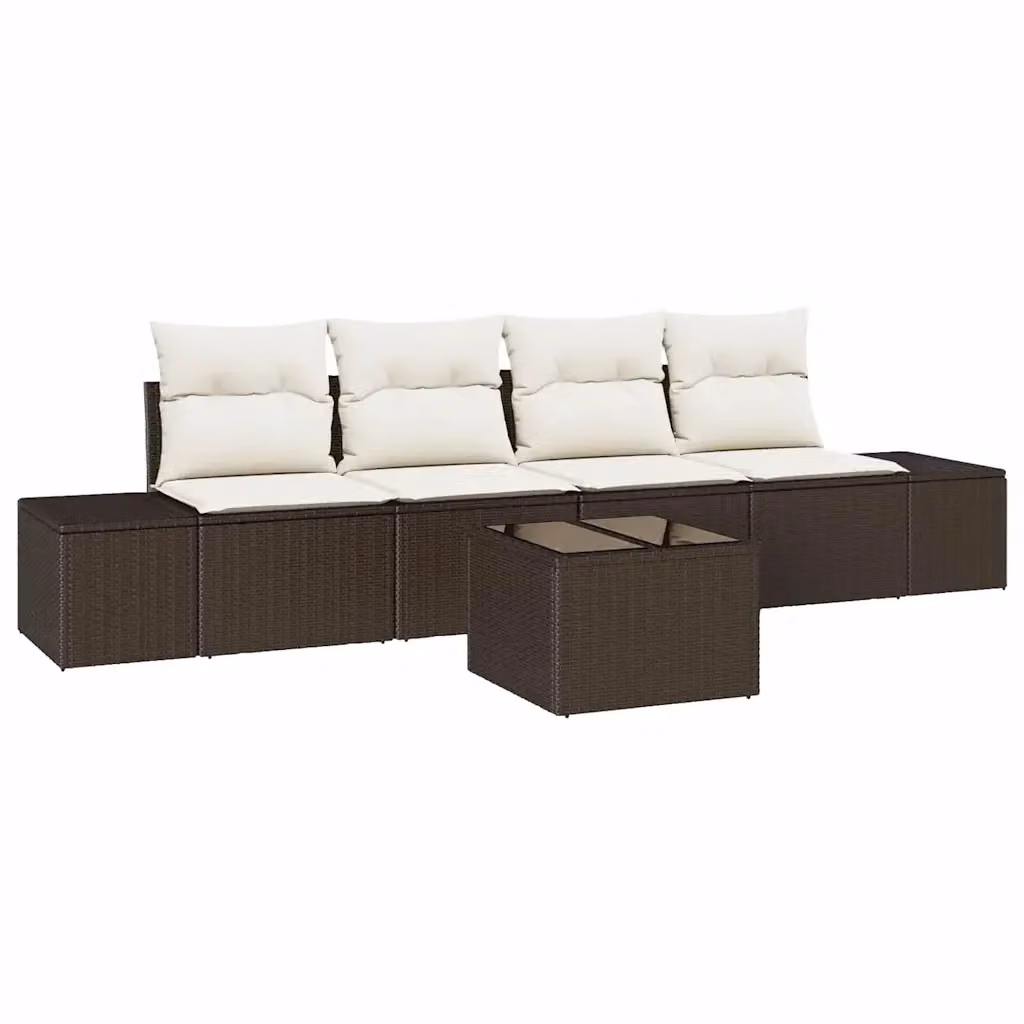 Set Divano da Giardino vidaXL 5 Pezzi in Polyrattan Marrone e Beige con Cuscini e Tavolino – 2