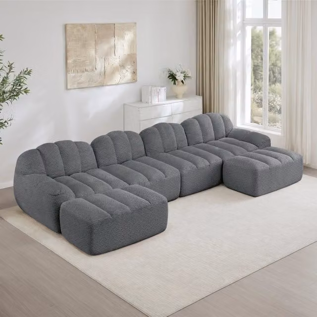 Divano Modulare a U Minimal con 2 Ottoman in Tessuto Grigio Morbido