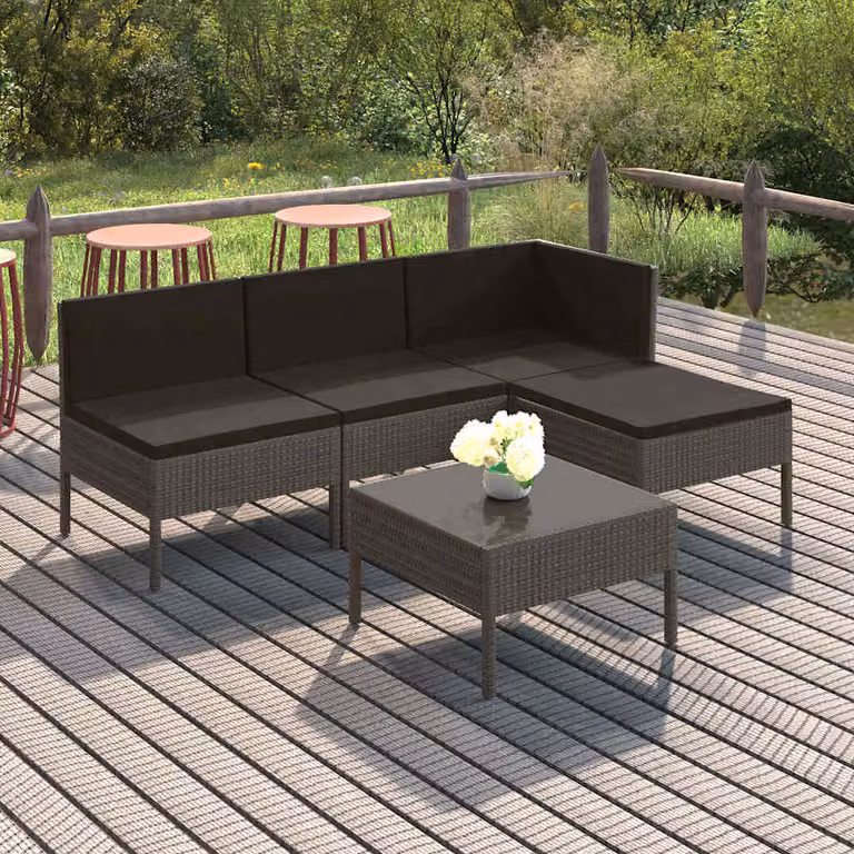 Set Divani da Giardino vidaXL a Forma di L con Tavolino e Pouf, Colore Antracite e Grigio, Struttura in Metallo e Polyrattan con Cuscini Inclusi