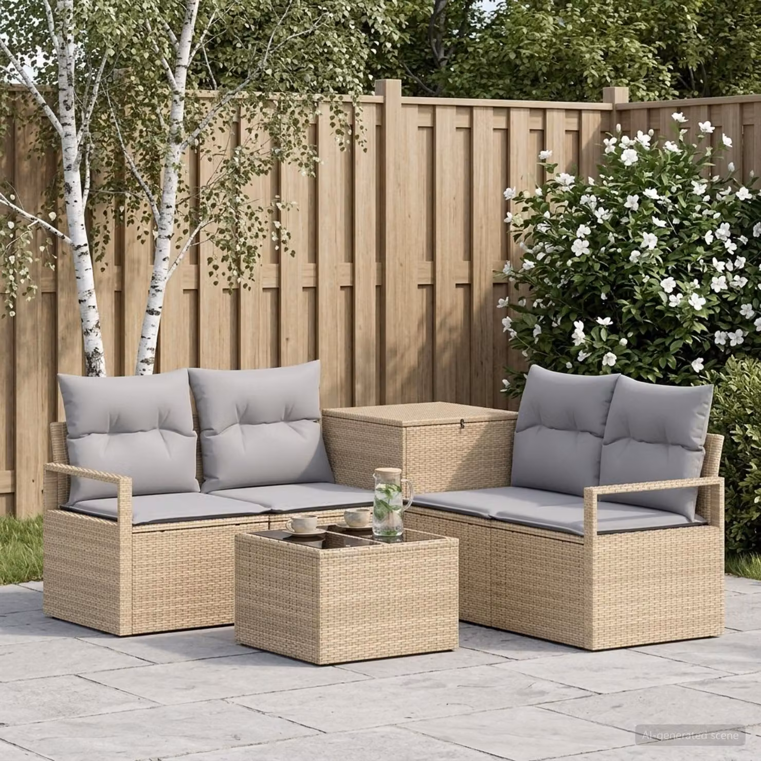 Set di divani da giardino vidaXL in polyrattan con tavolino e pouf, 6 pezzi, Beige e Grigio