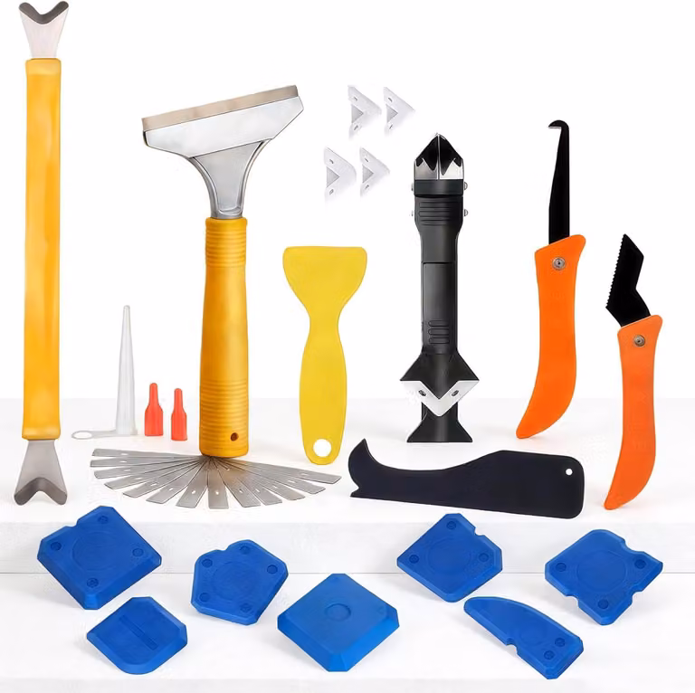 Kit per la rimozione del silicone, composto da 17 pezzi, con raschietto in metallo e strumenti in plastica, ideale per la pulizia delle fughe