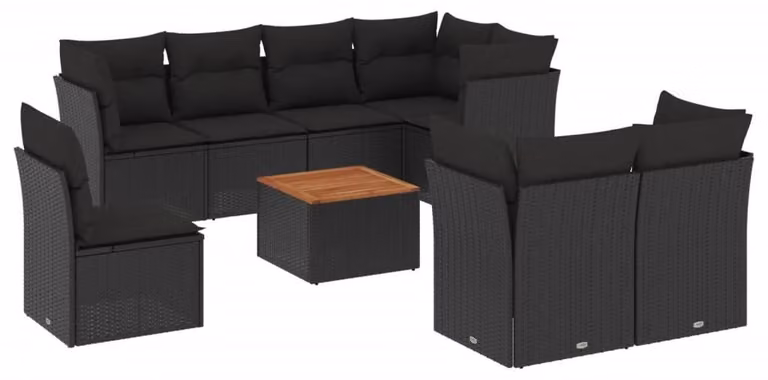 Set da salotto da esterno composto da 9 pezzi, colore nero, realizzato in rattan sintetico. Set di mobili da giardino per 9 persone