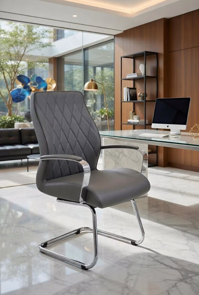 Sedia da ufficio dal design moderno, colore grigio, con motivo a diamante e rivestimento in ecopelle