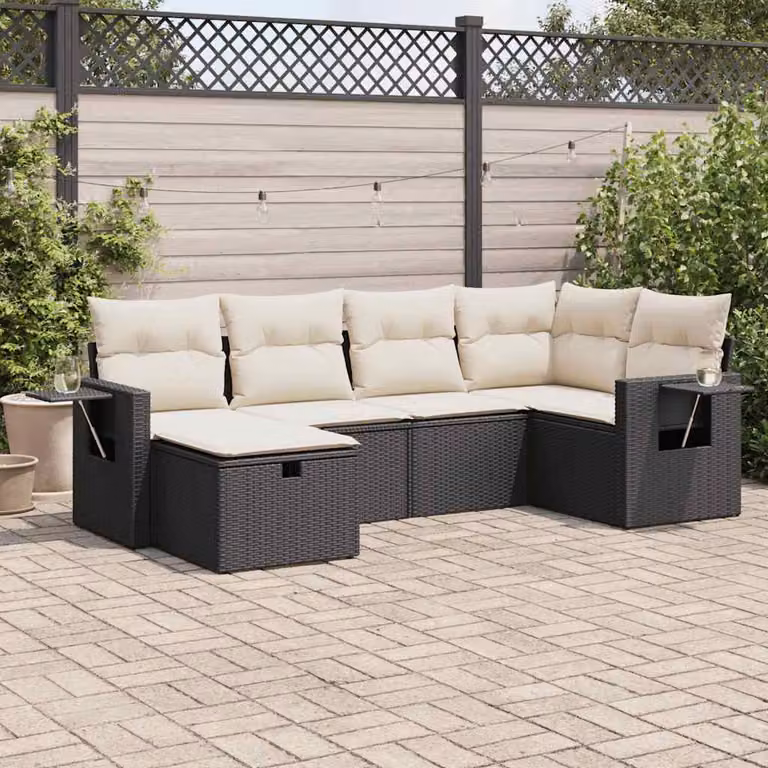 Set Divano da Giardino a L vidaXL in Polyrattan Nero con 6 Pezzi e Cuscini Imbottiti