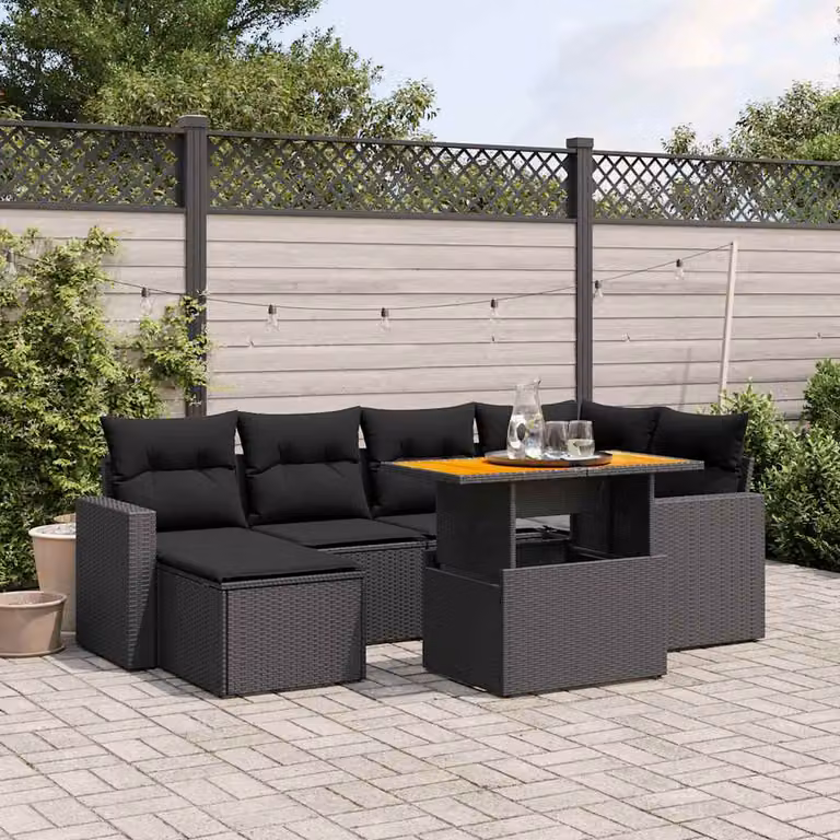 vidaXL Set Divano da Giardino a L con 7 Pezzi in Polyrattan Nero e Legno di Acacia