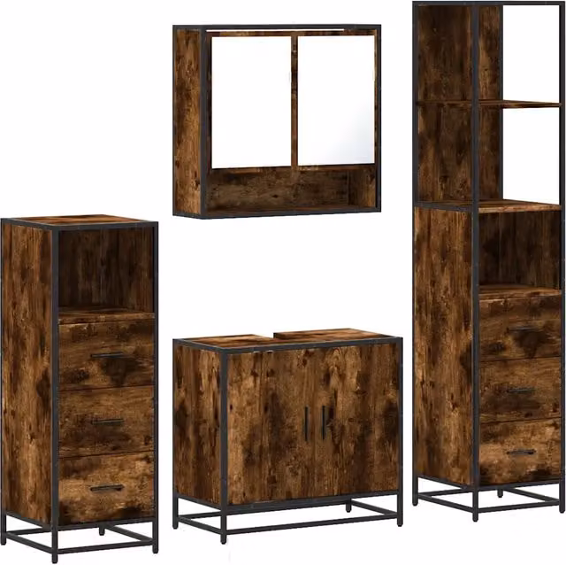 Set Mobili da Bagno | Armadio da bagno 4 pz Rovere Fumo in Legno Multistrato