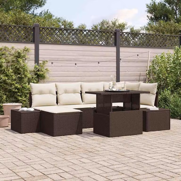 Maison Exclusive - Set da giardino composto da 7 pezzi. Divano e poltrone in rattan sintetico, color marrone e crema