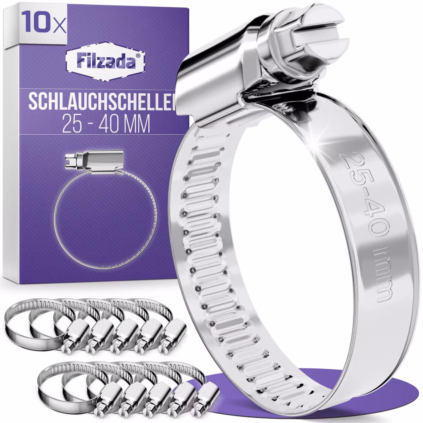 Set di fascette stringitubo, 10 pezzi, acciaio inossidabile, 25-40 mm