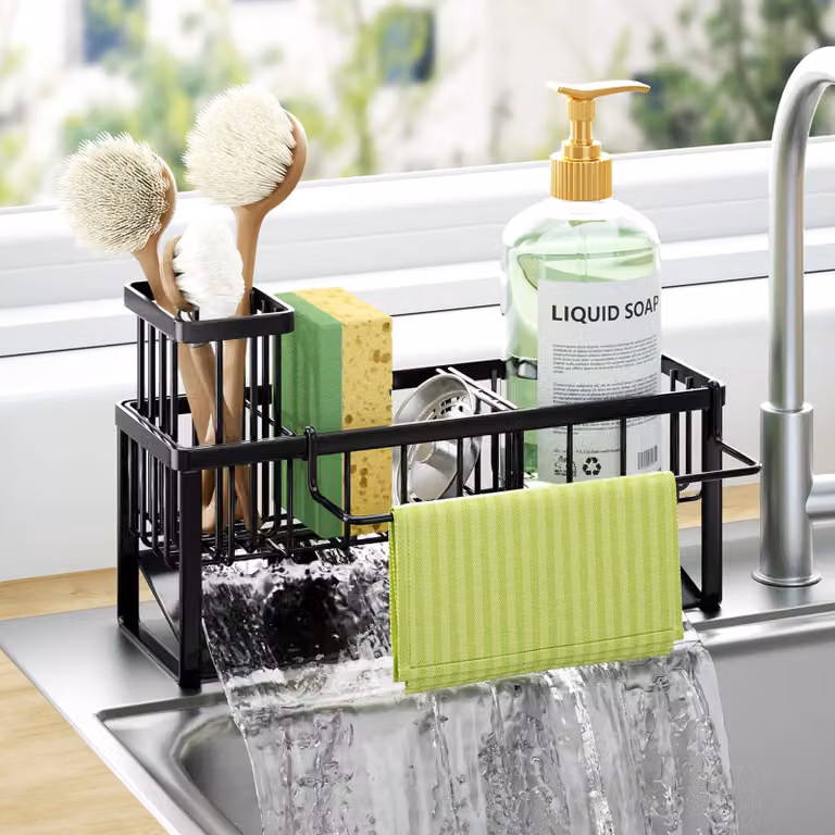 Organizzatore per lavello, con scarico angolato, in plastica, colore nero, salvaspazio, per la cucina