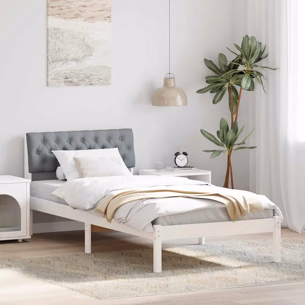 Struttura del letto moderna vidaXL in legno di pino e tessuto, bianco e grigio, 90 x 190 cm