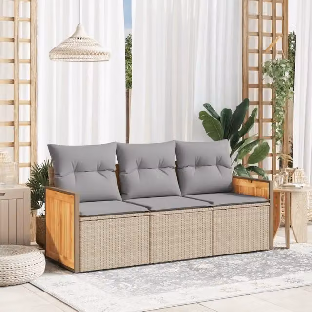 Set Divano da Giardino 3 pz con Cuscini-Sofa da Giardino-Divanetto da esterno Beige in Polyrattan 109997