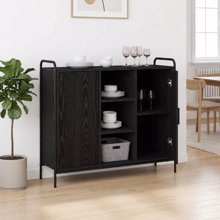 Credenza moderna vidaXL in legno ingegnerizzato e metallo, colore nero, L 98,5 cm x P 25,42 cm x H 81 cm