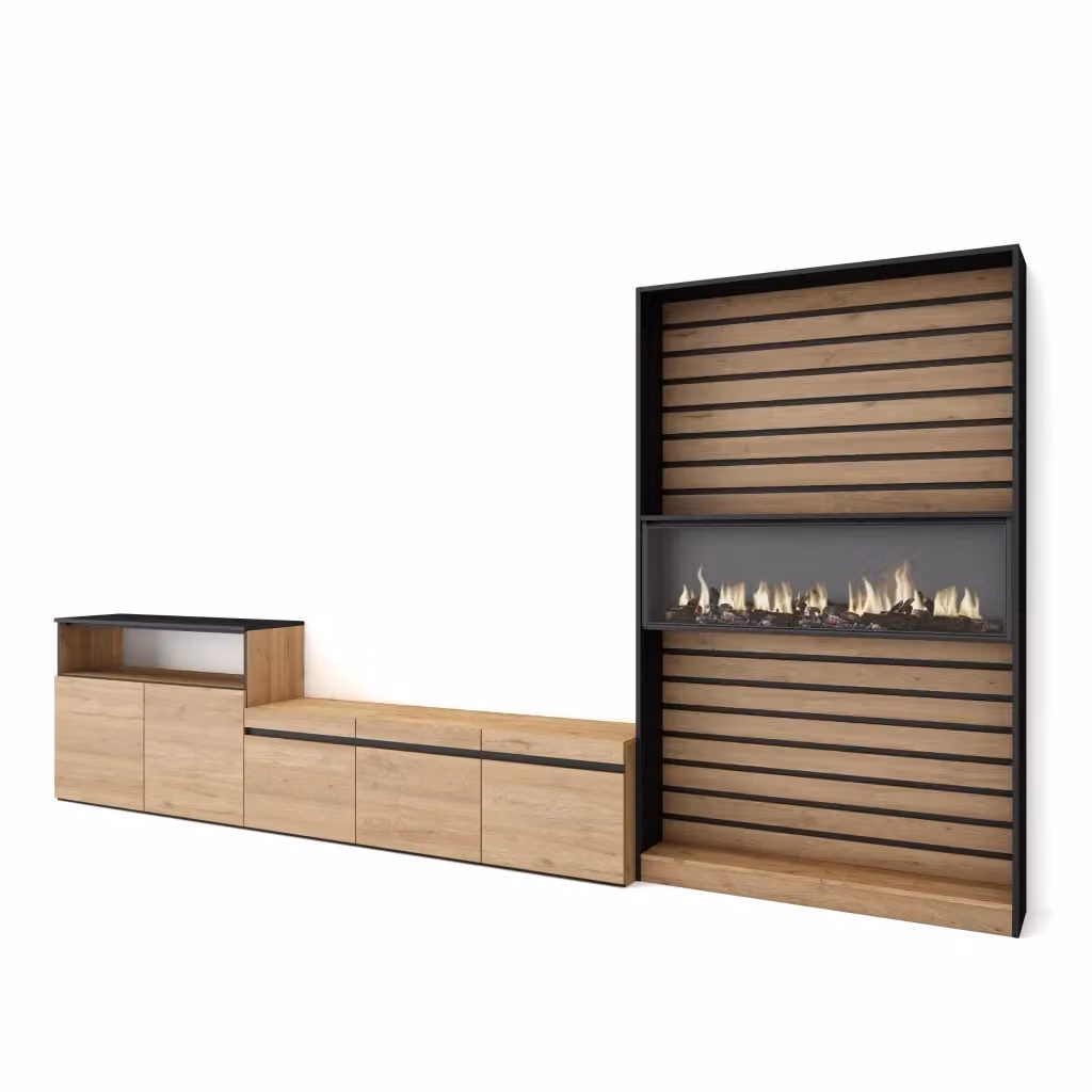 Mobile TV da soggiorno SKRAUT HOME con camino elettrico e illuminazione integrata, Rovere e nero, L/P/H: 360 x 35 x 186 cm – 2