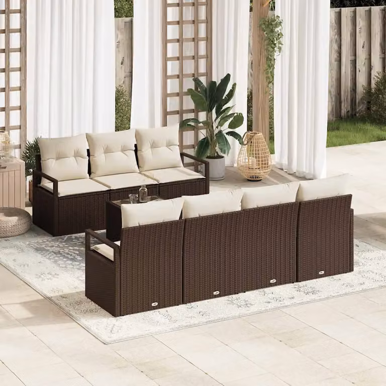 Set Divano da Giardino vidaXL 8 Pezzi a Forma di L con Tavolino e Cuscini, Marrone e Beige