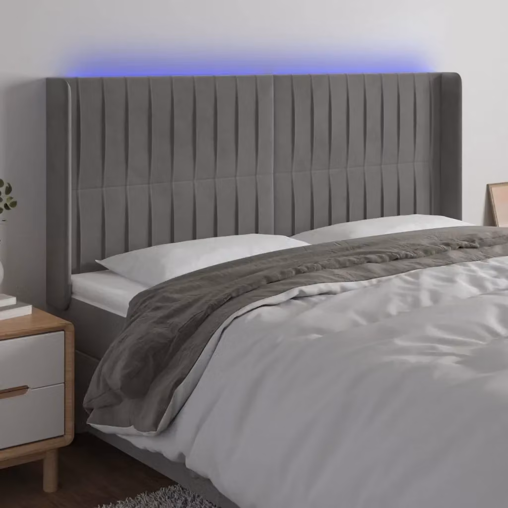 Testiera moderna in velluto grigio chiaro con illuminazione LED e porta di ricarica USB, L: 203 cm, P: 16 cm, H: 118/128 cm – 2