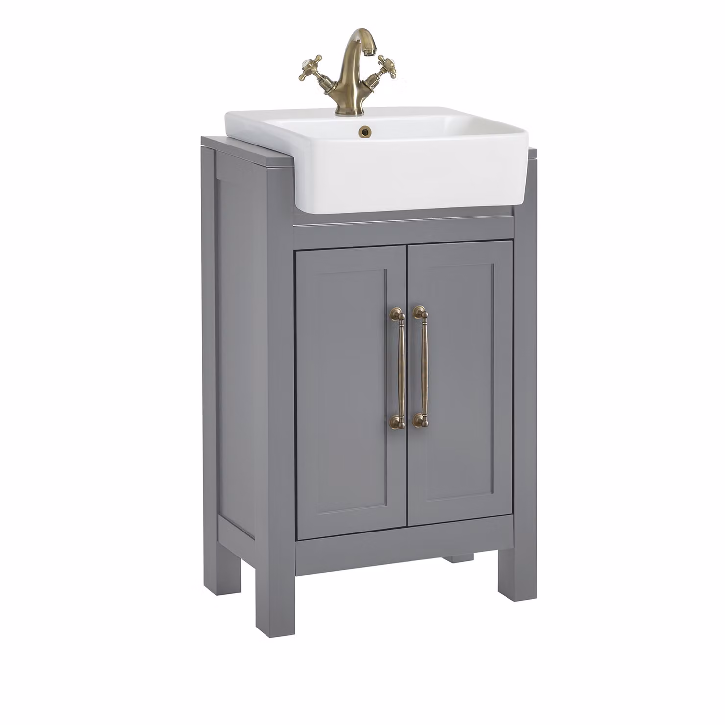 Mobile Bagno Grigio Chiaro da 550mm con Lavabo e Maniglia Classica con Barra a T in in Ottone Spazzolato - Warwick