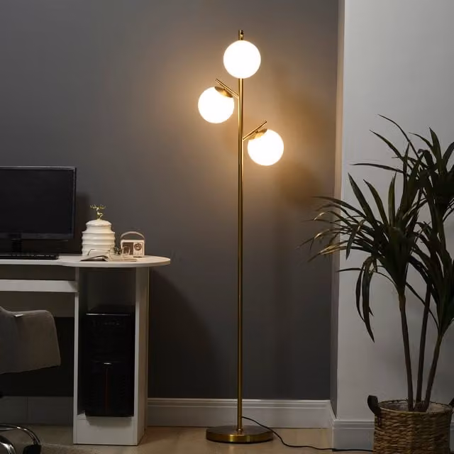 HOMCOM Lampada da Terra Moderna con 3 Punti Luce in Metallo e Vetro, Oro, Ø27 x H 159 cm