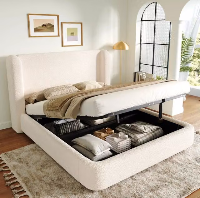 Letto imbottito con vano contenitore e apertura idraulica in Boucle beige