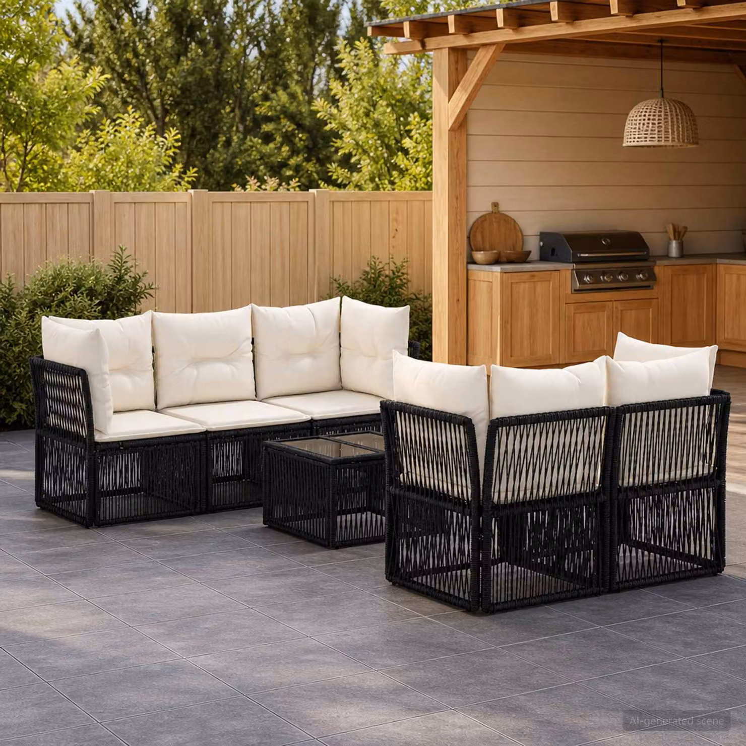 Set Divano da Giardino vidaXL 6 pz in Polyrattan Nero con Cuscini e Tavolino da Caffè in Vetro
