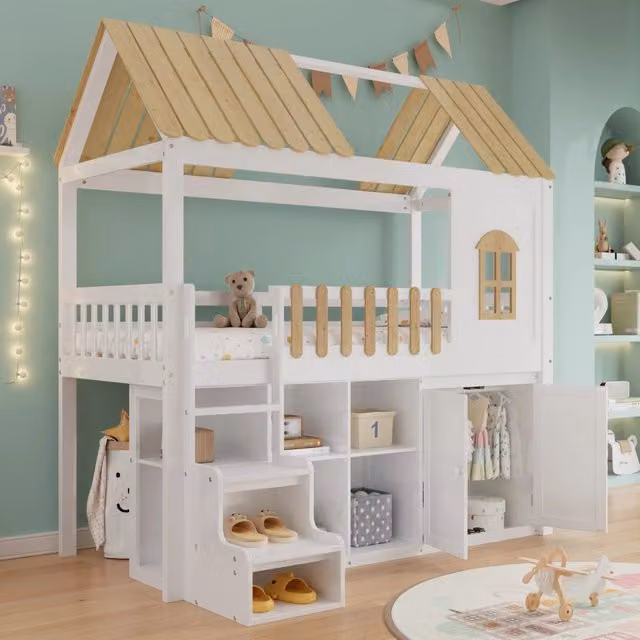 Letto a castello in legno per bambini con armadio, finestra, scarpiera, gradini sicuri, ringhiera stabile, pino - Bianco e Naturale 90x200 cm