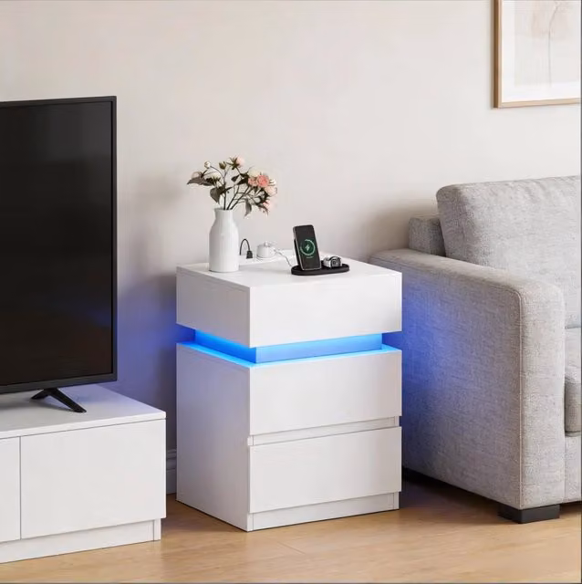 Comodino LED bianco con 2 cassetti; vano a ribalta e stazione di ricarica 40x35x55 cm