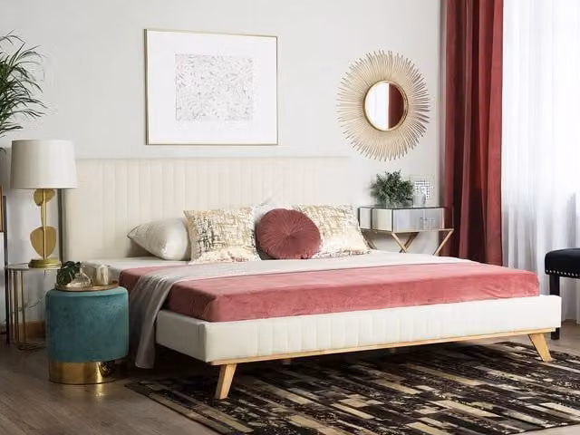 Letto Beliani moderno con struttura imbottita e testiera in legno oliato, L/P/H: 180 x 200 x 106 cm, colore beige e blu – 1