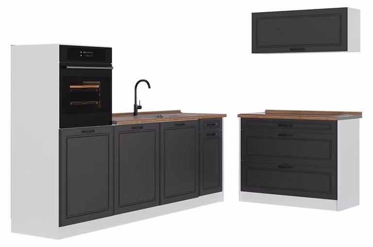 Cucina componibile Vicco R-Line Antracite country/Bianco 220 cm senza piano di lavoro, Model 68141