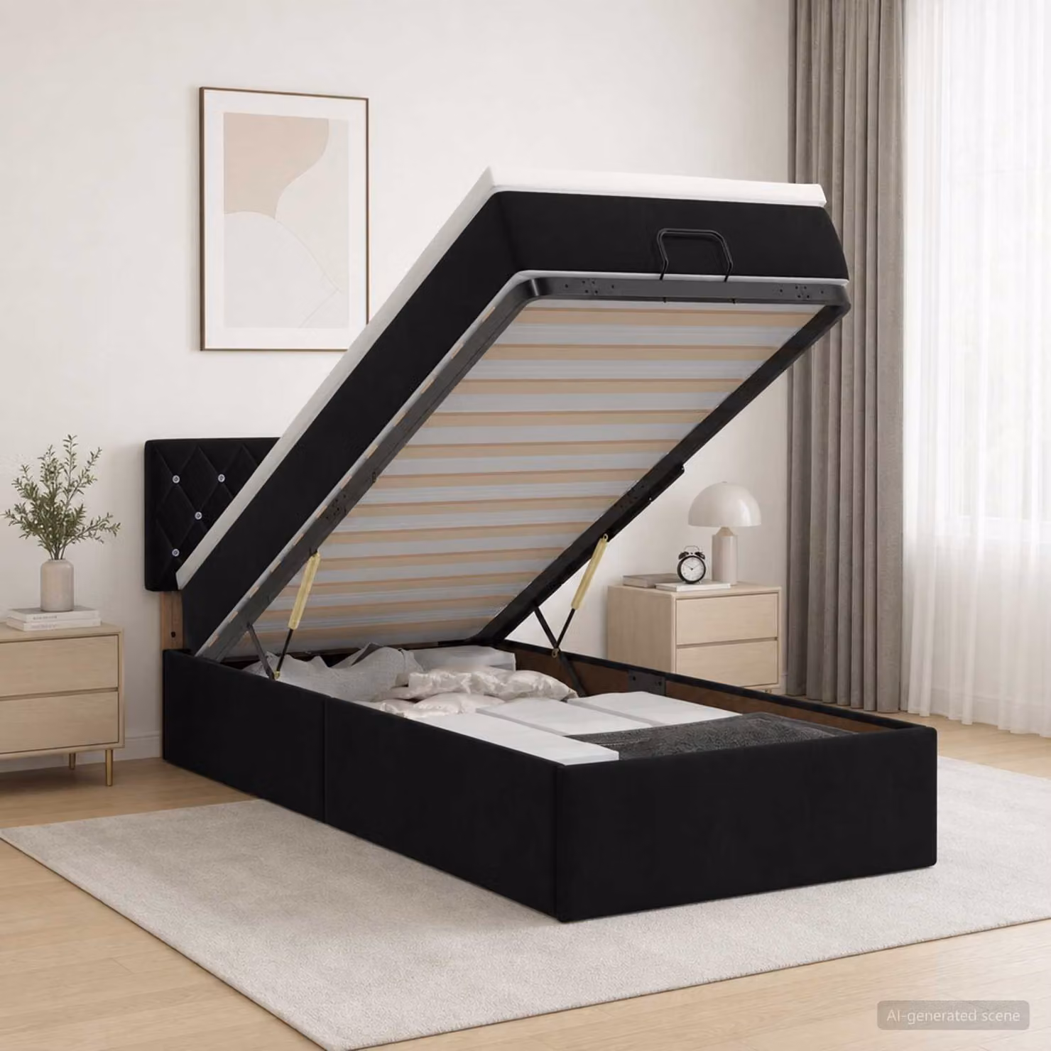 Letto ottomano con materasso vidaXL in velluto nero, L/P/H: 90 x 200 x 128 cm