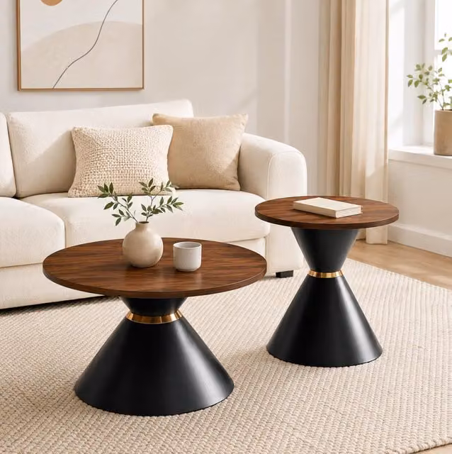 Set di 2 tavolini rotondi con piano effetto noce e base conica in metallo nero