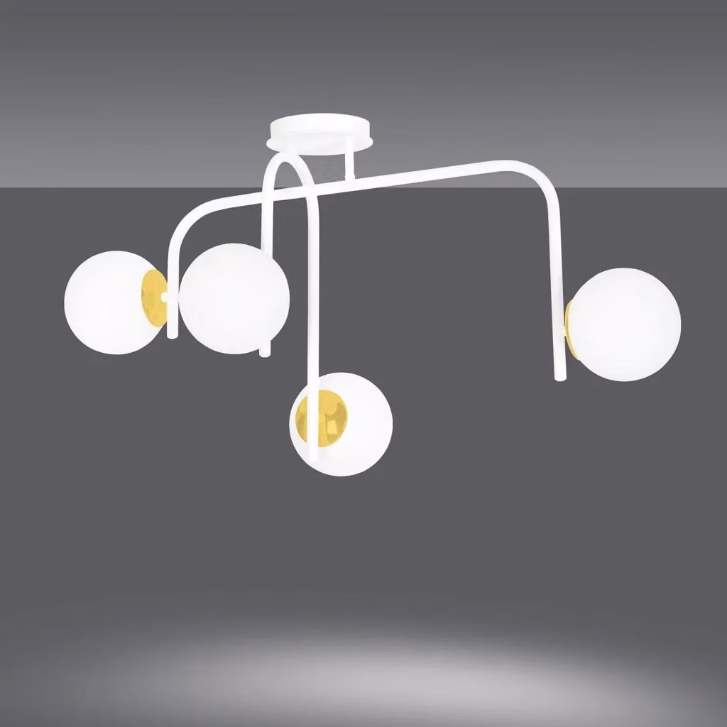 Lampadario a sospensione Kalf Luceart-Classic con 4 luci a bracci in acciaio bianco e sfere in vetro opalino oro – 2