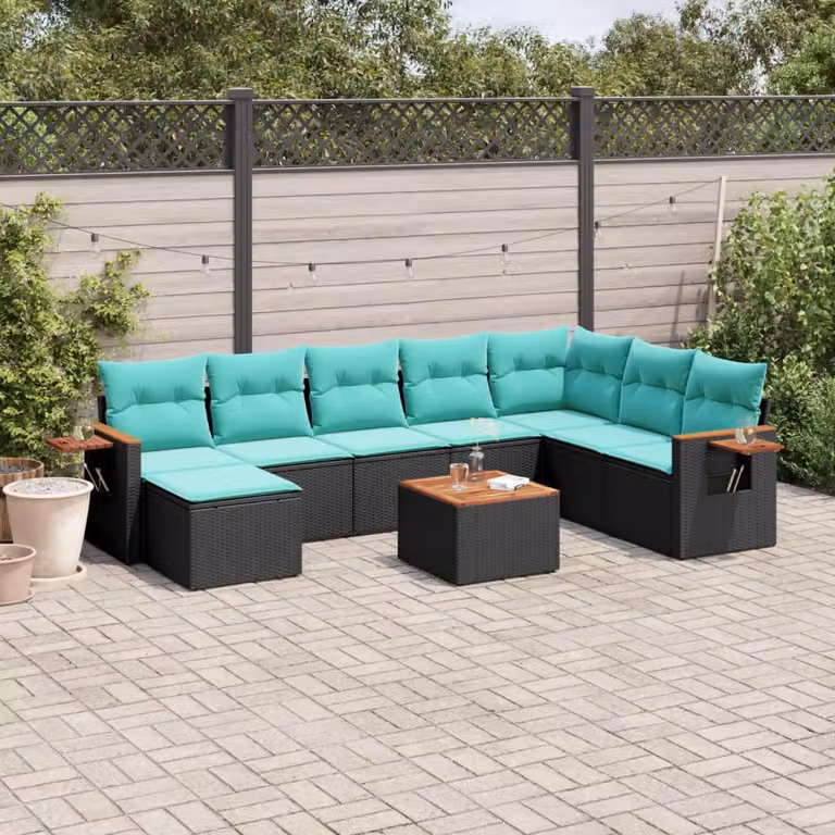 vidaXL Set Divani da Giardino 9 pz in Polyrattan con Cuscini e Tavolino da Esterno a Forma di L, Colore Nero