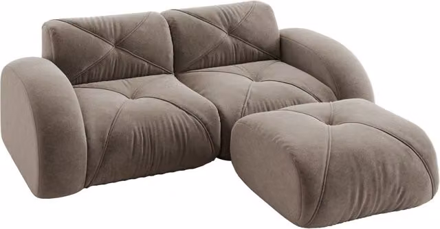 Divano modulare 2 posti con pouf in tessuto chenille taupe, schiuma densa 32D, design antiscivolo, adatto a soggiorno