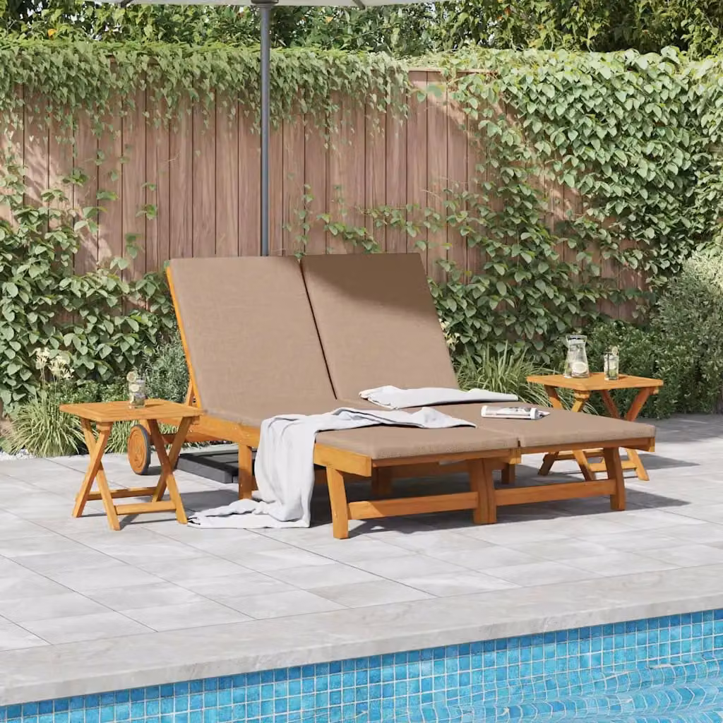 Set di 3 lettini da sole vidaXL in legno di acacia massello con cuscini beige e grigi resistenti alle intemperie e poggiatesta regolabile – 1
