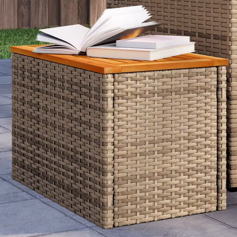 Set di 2 tavolini da giardino vidaXL in polyrattan e legno di acacia oliato, colore beige e marrone, L/P/H: 55 x 34 x 37 cm