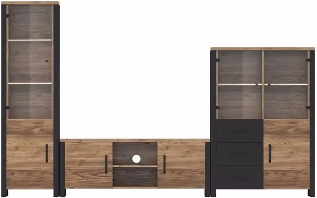 Set completo di mobili Darwin Meublorama in abete e MDF stile industriale per soggiorno, composto da vetrina, lowboard e colonna, colore nero e marrone opaco
