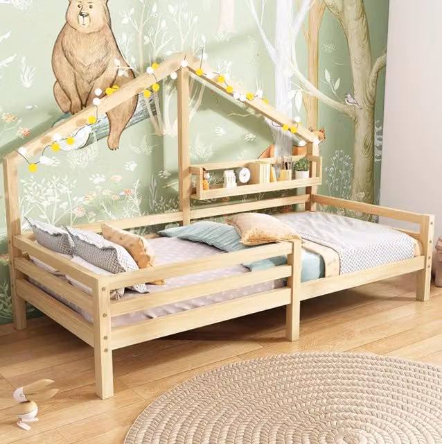 Letto per bambini a casetta 90x200 cm con ripiano in legno di pino naturale