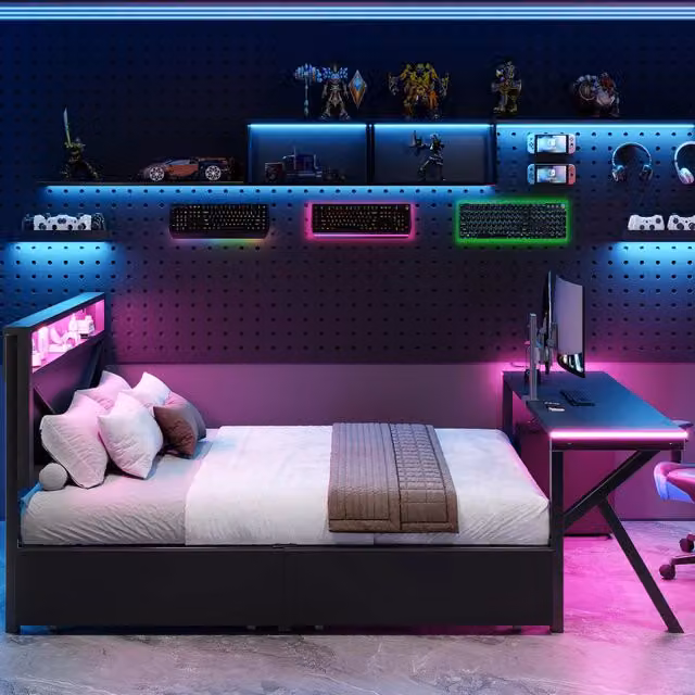 Letto Mivray con cassetti, testiera e scrivania con illuminazione LED, nero opaco, L/P/H: 140 x 200 cm – 1