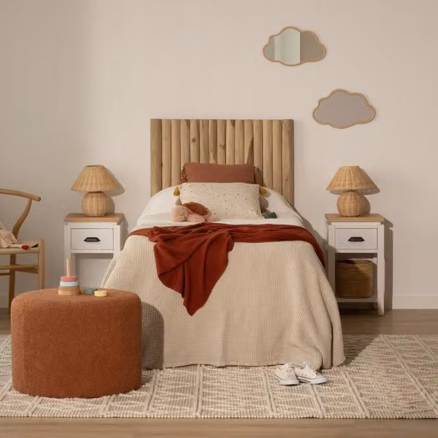 Testiera Nusa Banak in legno massiccio di teak per letto da 90 cm, colore marrone beige, stile rustico
