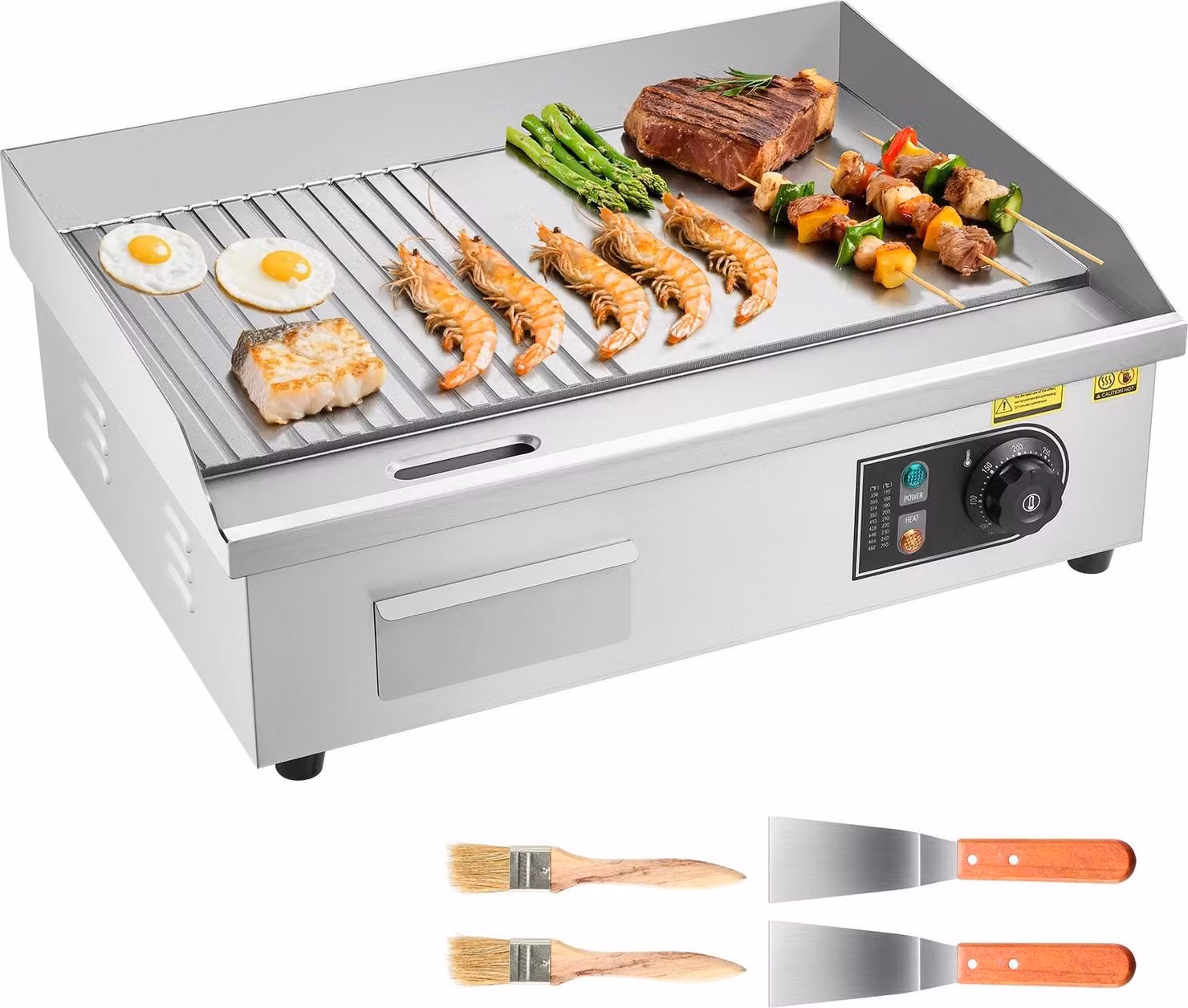 Piastra elettrica (plancha) - Piastra da tavolo professionale - 3200 W - Superficie di cottura 53,5 x 30 cm - Metà rigata e metà liscia - Per bistecche e frittelle