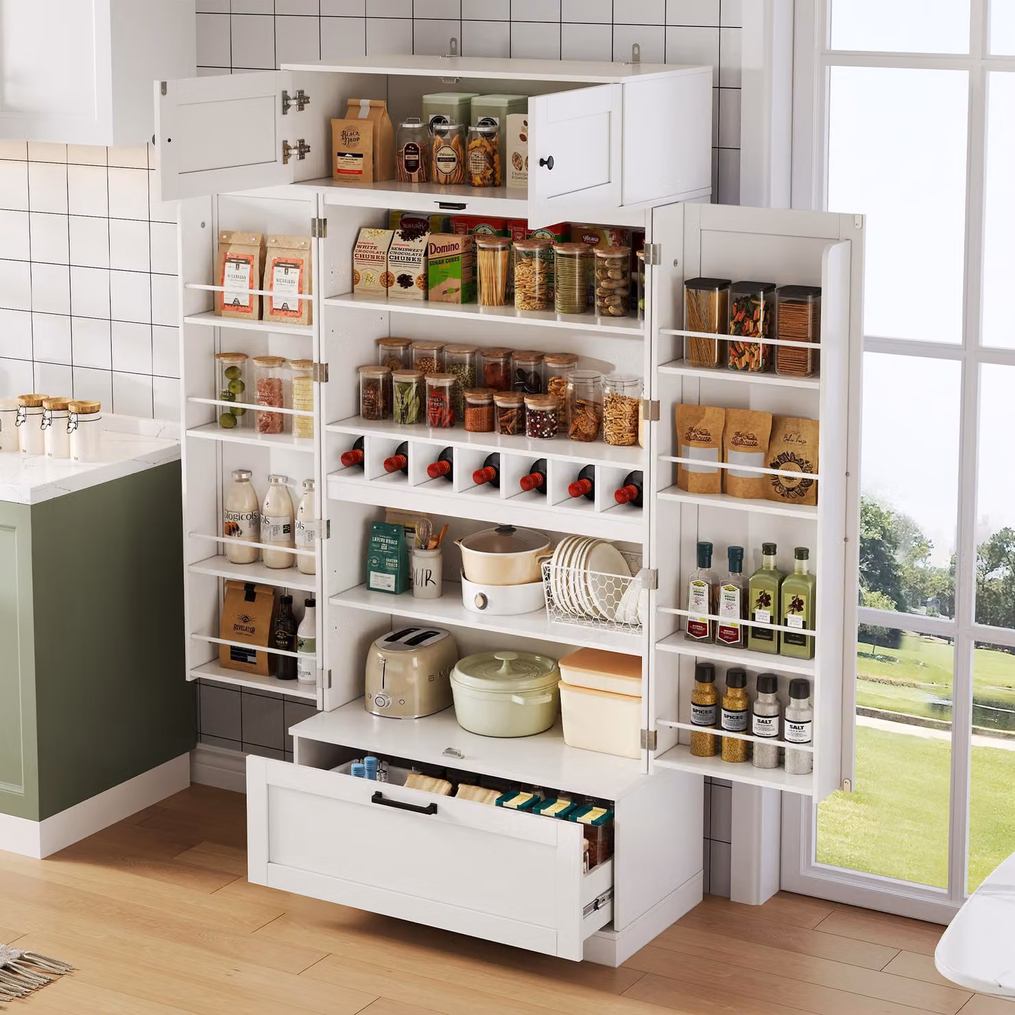 MODFU mobile da cucina mobile da cucina a ripiani alti con portabottiglie, con ripiani regolabili, mobile contenitore con cassetti e ante, bianco
