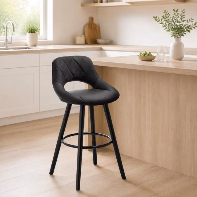 Sgabello Bar Chic con Seduta in Tessuto e Gambe in Legno Massiccio, Altezza Totale 91 cm, Colore Neutro
