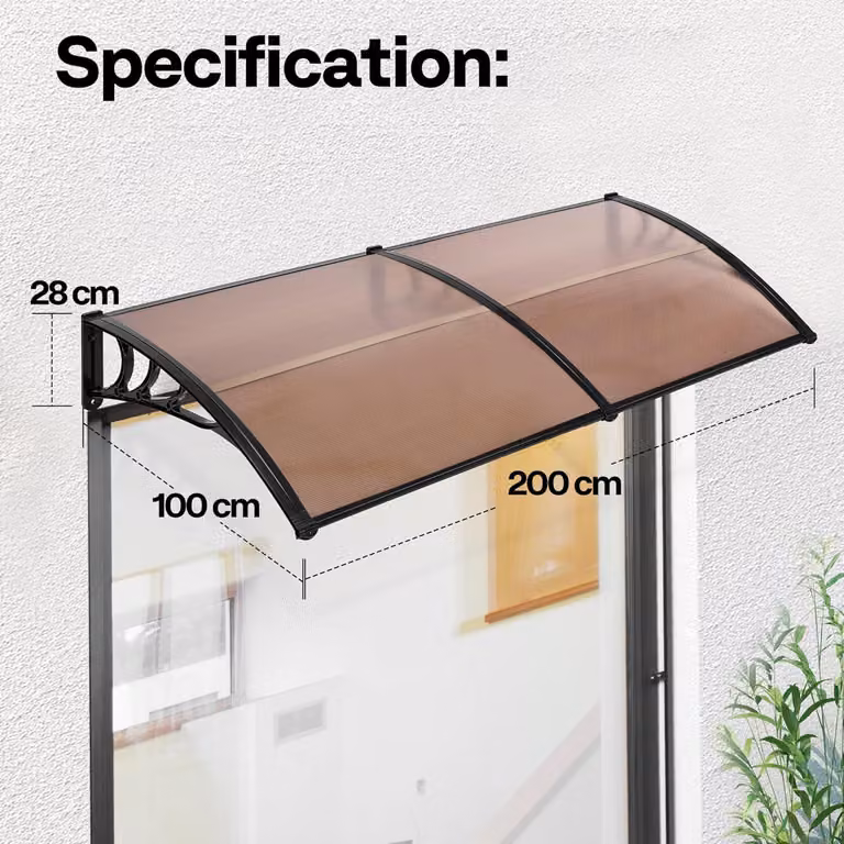 Tenda parasole per finestra d'ingresso, dimensioni 200x100 cm, realizzata in policarbonato con copertura a tegole. Tenda a shed marrone con supporto nero, ideale per proteggere dal sole e dalla pioggia