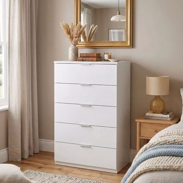 Cassettiera Armenia DMORA con 5 cassetti per camera da letto, stile moderno, Bianco, L: 60 cm, P: 40 cm, H: 110 cm