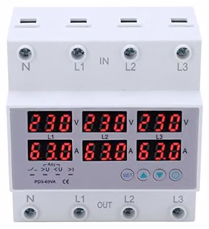 Voltimetro per quadri elettrici a 3 fasi, conforme alla norma DIN, per tensioni AC da 390 a 500V, corrente da 1 a 63A, con protezione da sovraccarico e sottotensione